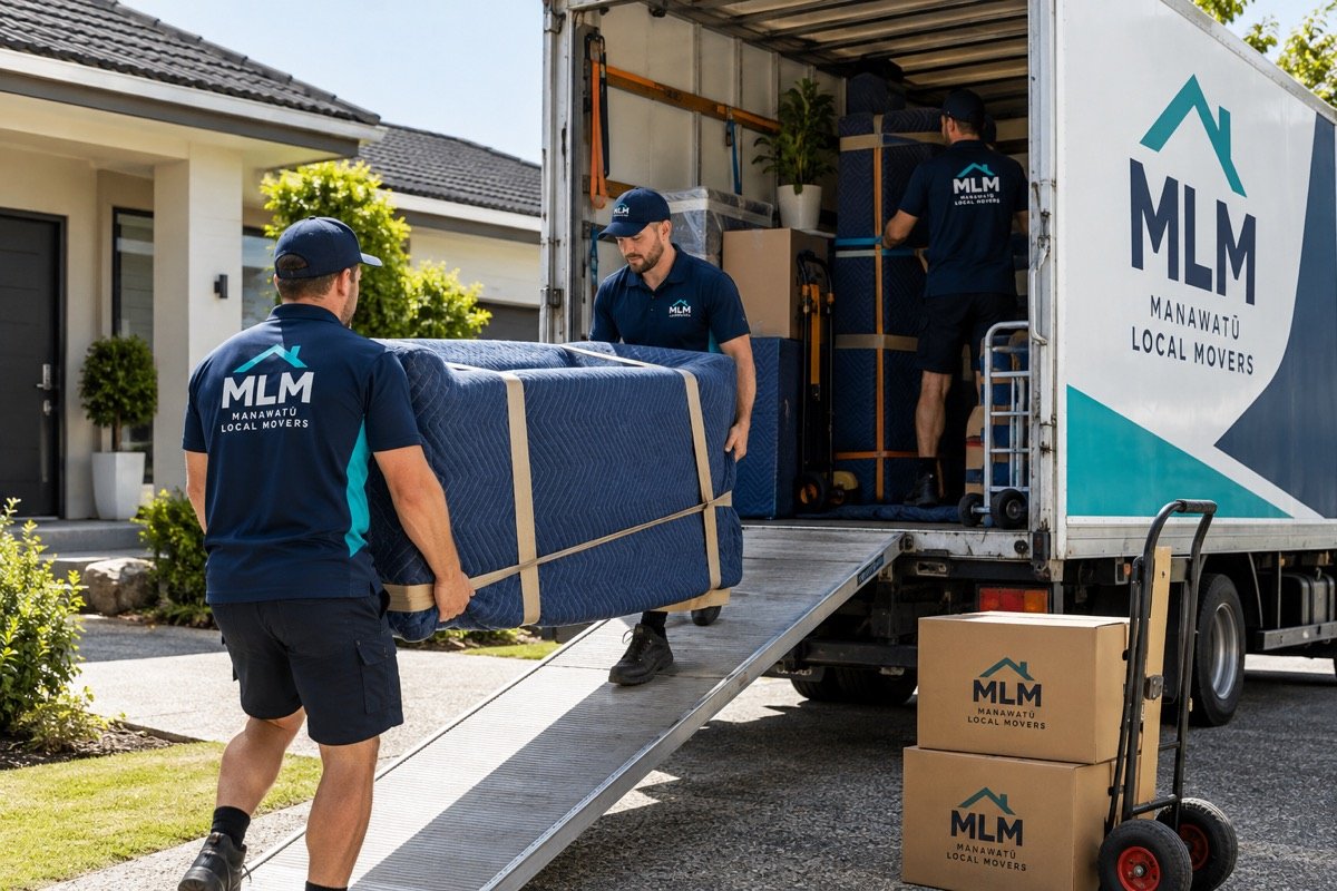 Movers carefully loading protected furniture